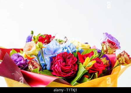 Bouquet de roses multicolores sur fond blanc vide Banque D'Images