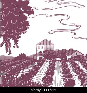 Une lithographie noir et blanc, le vin de raisin vigne ou illustration. Lignes de conduite des plantes un champ dans la distance sont quelques bâtiments, arbres et collines. Illustration de Vecteur