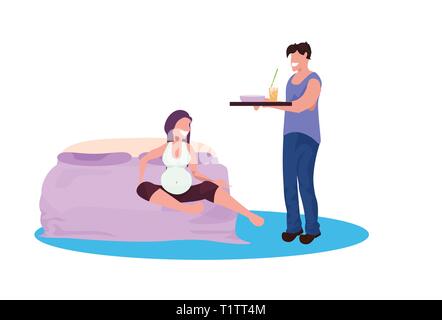 Mari servant le petit-déjeuner bac pour femmes enceintes femme assise sur le lit chez lui apportant de la nourriture de l'homme heureux en famille couple de futurs parents plein de personnages de dessins animés Illustration de Vecteur