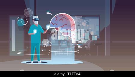 Médecin homme portant des lunettes numériques à la réalité virtuelle de l'anatomie du cerveau organe médical santé casque vr concept vision d'exploitation de l'hôpital Illustration de Vecteur