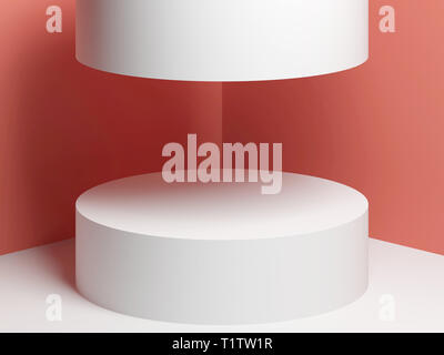 Podium cylindrique blanc objet sur fond de murs roses, illustration 3D render Banque D'Images