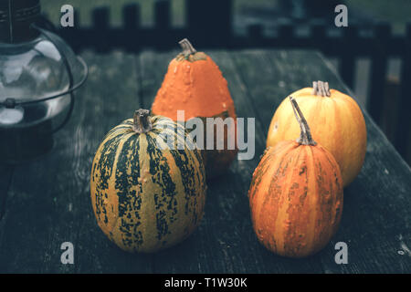 Quatre grandes citrouilles de variétés différentes sur une table en bois Banque D'Images