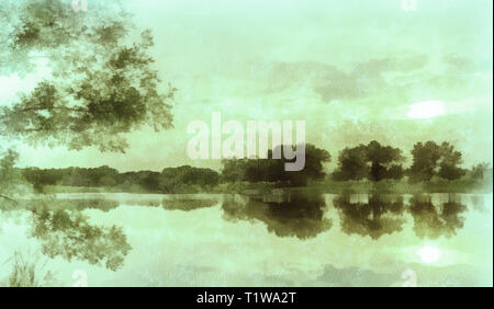 Contexte aquarelle, coucher de soleil sur un étang, vert. Beau paysage d'été. Le ciel et les arbres se reflètent dans l'eau. Silence et de pacification. Banque D'Images