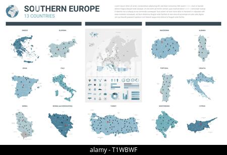 Jeu de cartes vectorielles. 13 cartes détaillées haute du sud de l'Europe pays avec division administrative et les villes. Une carte politique, la carte de l'Europe, continent Illustration de Vecteur
