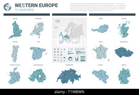 Jeu de cartes vectorielles. 13 cartes détaillées haut de l'Europe de l'Ouest division administrative avec les pays et les villes. Une carte politique, la carte de l'Europe, continent w Illustration de Vecteur