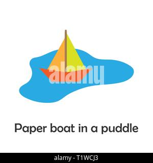 Bateau de papier dans une flaque d'eau dans le style cartoon, carte printemps pour enfant d'âge préscolaire, activité pour enfants, vector Illustration de Vecteur