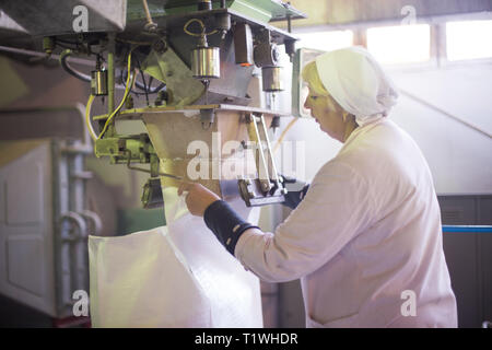 14 octobre 2014.L'Ukraine.Kiev. La femme du nombre moyen d'années dans une robe blanche travaille sur un convoyeur à l'usine de fois du Soviet, habiletés manuelles Banque D'Images