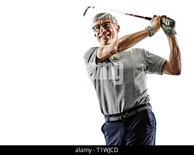 Un caucasian man golf golfeur dans studio silhouette ombre isolé sur fond blanc Banque D'Images