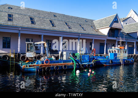 Bateaux de service et barge pousseur et Skubberen la drague et le service Tollbodkaien péniche amarrée à quai, Bergen, Norvège. Banque D'Images