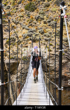 Pont suspendu sur la rivière Avilés, Patagonie Parc National, d'Aysen, Patagonie, Chil Banque D'Images