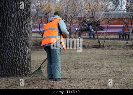 Feuilles de nettoyage dans la ville, janitor femme balayant le feuillage en spring park. Une balayeuse avec râteau dans Moscou, travail des services communaux Banque D'Images