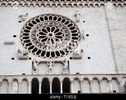 Assisi Ombrie Italie. Close-up rose centrale dans la cathédrale San Rufino. Dans les quatre coulé sont visibles les quatre symboles animaux o Banque D'Images