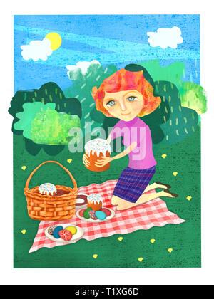 La femme se décompose de la nourriture pour un pique-nique festif. Illustrations de Pâques dans la technique de l'auteur. Banque D'Images