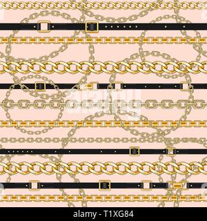 Modèle transparent avec des chaînes en or et les courroies sur fond rose pour le tissu. Quartier branché de répéter l'impression. Illustration de Vecteur