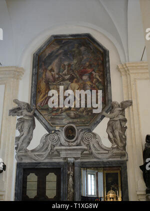 Assisi Ombrie Italie. Intérieur cathédrale San Rufino. Acrificio «Fresco di Elia par 'Giovanni Andrea Carlone' 17e siècle, au-dessus de l'entrée Banque D'Images