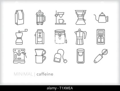 Ensemble de 15 icônes de ligne de caféine d'éléments pour préparer et de boire du café et du thé Illustration de Vecteur