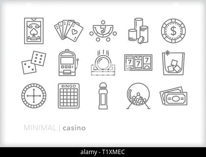 Set of 15 casino line icons of card games, dice, bingo, slots, and gambling Illustration de Vecteur