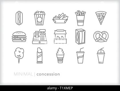 Ensemble de 15 icônes de ligne de stand pour la collecte de fonds lors d'événements sportifs et d'alimentation des fans affamés Illustration de Vecteur