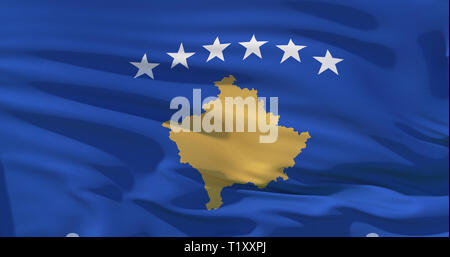 Drapeau du Kosovo sur soie texture background. Illustration 3d de haute qualité idéal pour les news, la conception, l'arrière-plan. Qualité 4K Banque D'Images