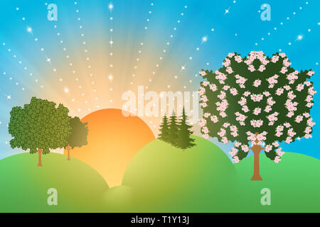 L'illustration comme JPG. Un printemps paysage vallonné avec un cerisier. Le soleil se lève et jette sa lumière dorée dans le ciel bleu. Banque D'Images
