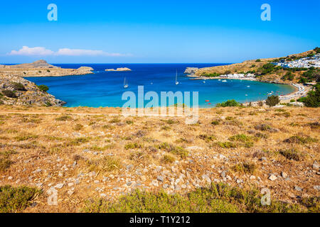 Plage de Lindos vue panoramique aérienne dans la ville de Lindos à Rhodes island, Grèce Banque D'Images