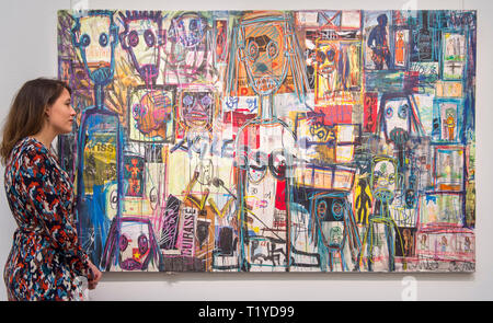 Sotheby's Londres, Royaume-Uni. 29 mars, 2019. L'exposition préalable à la vente d'art moderne et d'Art Contemporain Africain, montrant le travail des artistes de toute la diaspora africaine. Image : Abdoulaye Aboudia Diarrassouba, Sans titre. Estimation £8.000-12.000 000. Credit : Malcolm Park/Alamy Live News. Banque D'Images