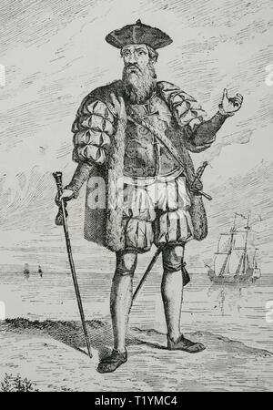 Vasco de Gama (1460/69-1525). Navegante y explorador francés. La gravure. 'Museo Militar del Ejército Español', Tomo I. Evaristo Ullastres Editor. Barcelone, 1883. Biblioteca Histórico Militar de Barcelone, Catalogne, Espagne. Banque D'Images