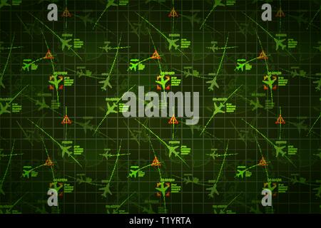 Radar des avions militaires vert avec des traces et signes cible, vaste arrière-plan détaillé Illustration de Vecteur