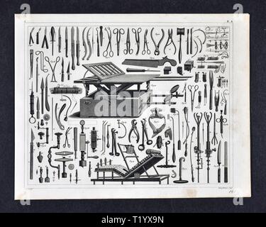 1849 Print Illustration médicale d'anciens outils chirurgicaux, y compris les pinces, ciseaux, scalpels, perceuses, seringues et autres instruments Banque D'Images