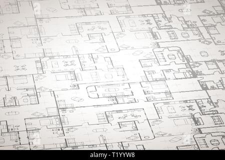 Plan d'étage chambre compliqué avec des détails sur l'intérieur construction blueprint scheme sur blanc en perspective, vaste arrière-plan détaillé Illustration de Vecteur