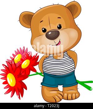 Petit Ours avec des fleurs sur un fond blanc. Un ours est titulaire d'un bouquet de fleurs rouges. Illustration de Vecteur