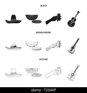 Sombrero,tilleul,vente,guitare,mexicain,vert,eau,ornement,espagnol,citron,verre,chapeau,coupe,folk,costumes,fruits,santé,traditionnelle,voyage,alimentaire,pub,vacances,texture,coupe,musique,coiffure,instrument,agrumes martini,cafe,Latin,carnaval,national,Mexique,tequila,fajita,fiesta,party,fête,set,icône,,illustration,collection,isolé,design,graphisme,élément vecteur vecteurs,signer , Illustration de Vecteur