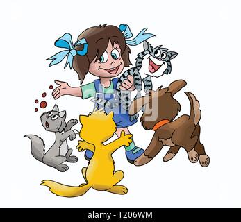 Cartoon girl wearing a blue dress nourrir ses animaux domestiques vector illustration Illustration de Vecteur