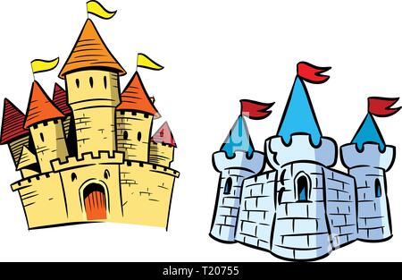 L'illustration présente plusieurs types de châteaux en style cartoon. Illustration faite sur des calques distincts. Illustration de Vecteur