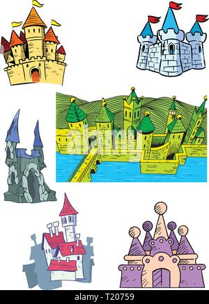 L'illustration présente plusieurs types de châteaux en style cartoon. Illustration faite sur des calques distincts. Illustration de Vecteur