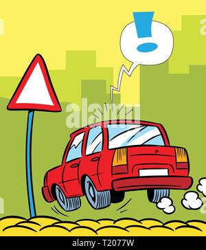 L'illustration montre un dessin de voiture près de un panneau routier dans la rue. Illustration de Vecteur