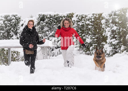 Courir et s'amuser Girfriends dans la neige avec leur chien berger allemand Banque D'Images