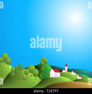 Paysage rural illustration - Ciel bleu, Green Hills, village Illustration de Vecteur