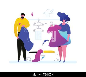 Partir en vacances - télévision couleur style design illustration sur fond blanc. Une composition avec un joli couple, femme et mari Sacs Sacs, clot Illustration de Vecteur