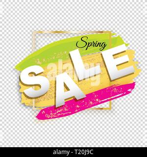 Bannière Vente de printemps. Cadre carré d'or sur fond transparent. Vert, jaune, rose blots de l'ombre et de la poudre d'or Illustration de Vecteur