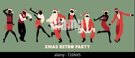 Retro Party de Noël. Groupe de quatre hommes et quatre filles, costumes et vêtements des années 20, la danse charleston Illustration de Vecteur