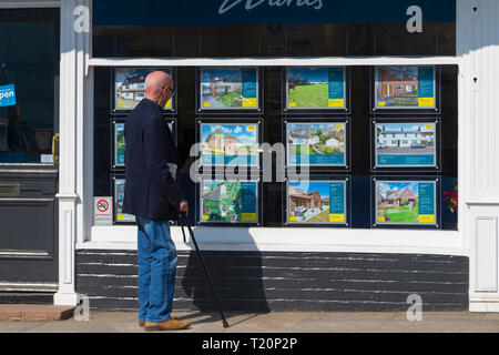 Un homme avec un bâton de marche à la propriété à un agent immobilier en fenêtre, Tenterden, Kent, UK Banque D'Images