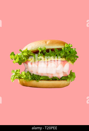 Un autre hamburger. Elle a un goût si délicieux. Un hamburger avec de la salade, du fromage et des dents blanches comme une viande contre fond clair. Concept alimentaire. Pop design contemporain. Art collage moderne. Banque D'Images