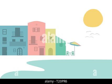 Maisons multicolores à côté de la plage. Tables et chaises sous un parasol. Soleil et oiseaux sur fond blanc. Illustration de Vecteur