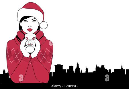 Jolie brunette girl wearing a santa claus hat de boire une boisson chaude à Noël. Ville ciel en arrière-plan Illustration de Vecteur