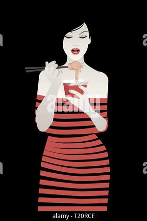 Beaux vêtements girl eating spaghetti ou les nouilles avec des baguettes. Vector illustration sur fond noir Illustration de Vecteur