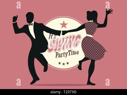 Party Time Swing : Silhouettes de jeune couple portant des vêtements rétro swing danse lindy hop ou Illustration de Vecteur