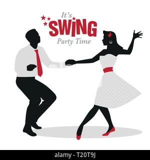 Party Time Swing : Silhouettes de jeune couple portant des vêtements rétro swing danse lindy hop ou Illustration de Vecteur