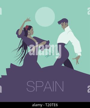 Couple de danseurs de Flamenco dancing 'sevillanas', la danse espagnole typique. Bel homme et de beaux cheveux longs femme. La lune en arrière-plan. Illustration de Vecteur