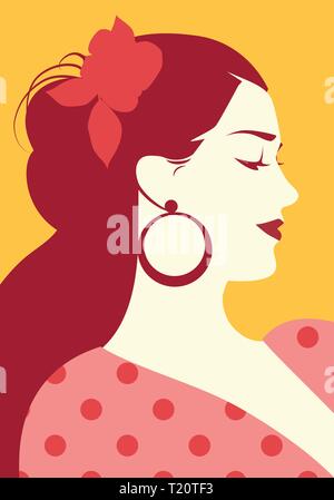 Belle femme espagnole avec une fleur dans ses cheveux et robe à pois portant des grandes oreilles circulaire Illustration de Vecteur